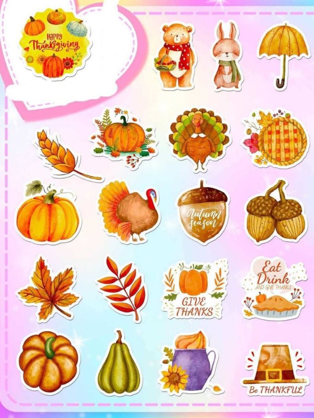 Thanksgiving Fall Sticker Pack 25pcs – Pumpkin Turkey Autumn Vinyl Stickers